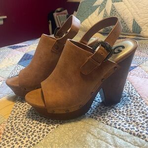 G By Guess Wood Platform Clog Western 70s Boho Platform Heels Buckle Suede